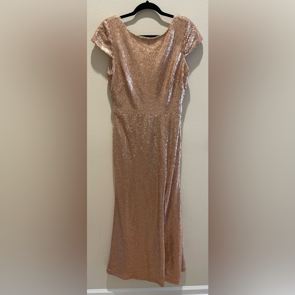 Dessy Collection rose gold sequin gown